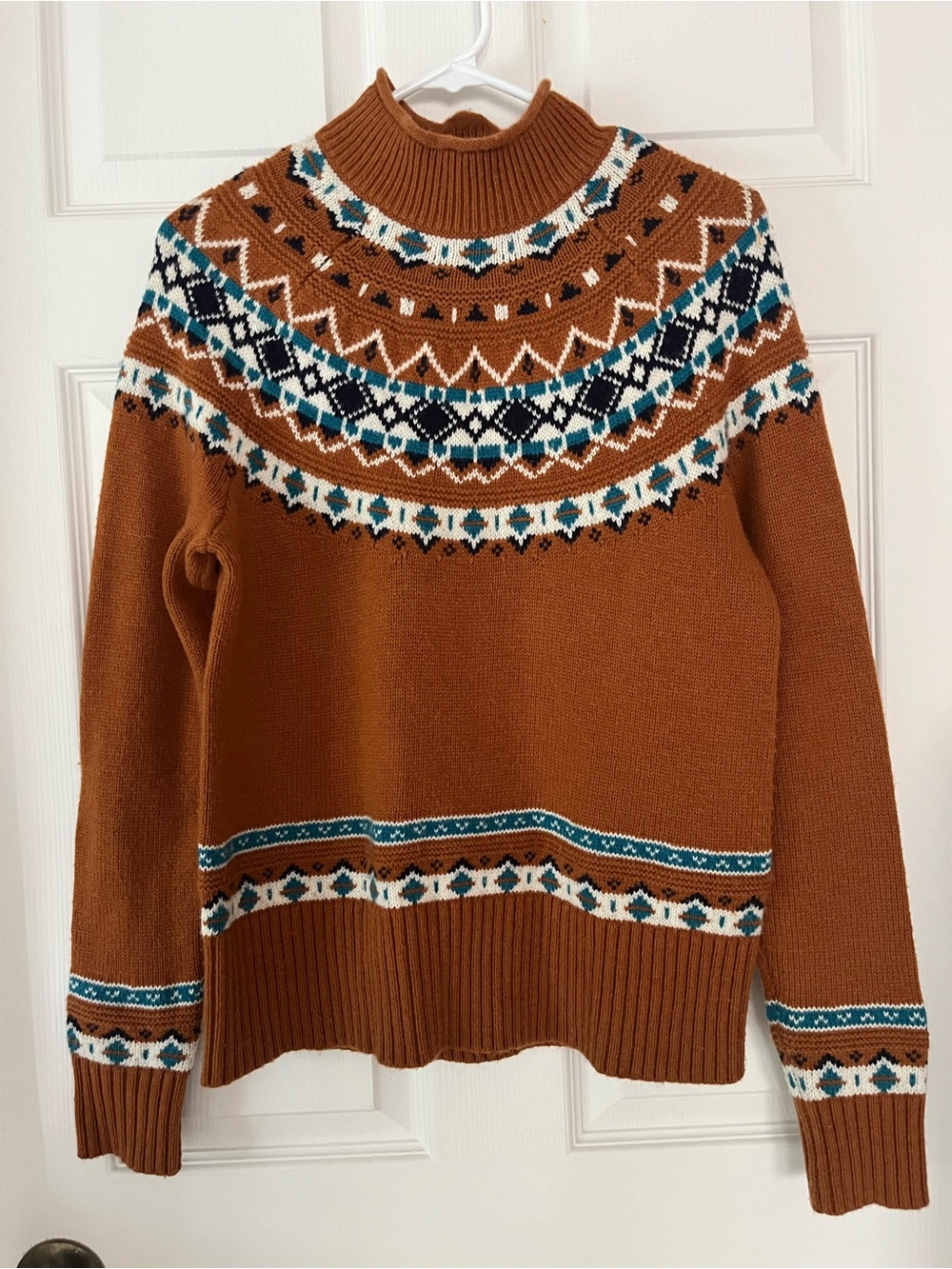 J.Crew SzS Fair Isle Lambswool Blend Mock Neck Sweater, Rust/Royal
